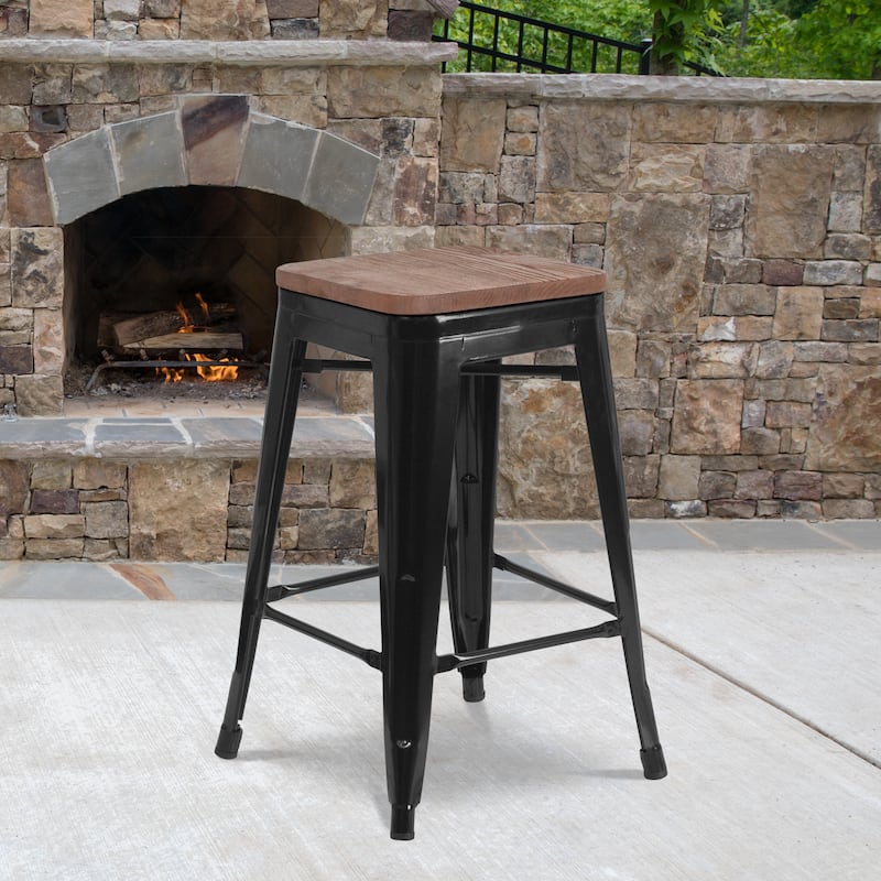 24" High Backless Metal Counter Height Stool with Square Wood Seat - Black