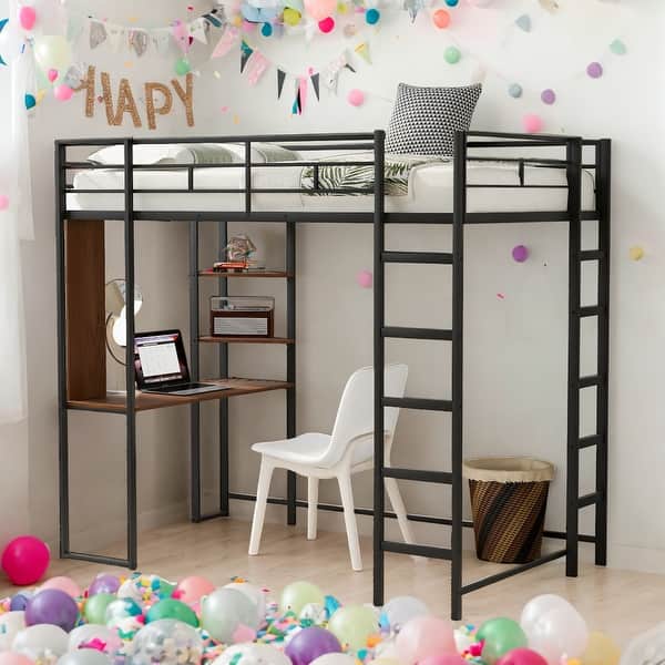 slide 2 of 12, Twin Metal Loft Bed with 2 Shelves, 2 built-in ladders and Desk, Black