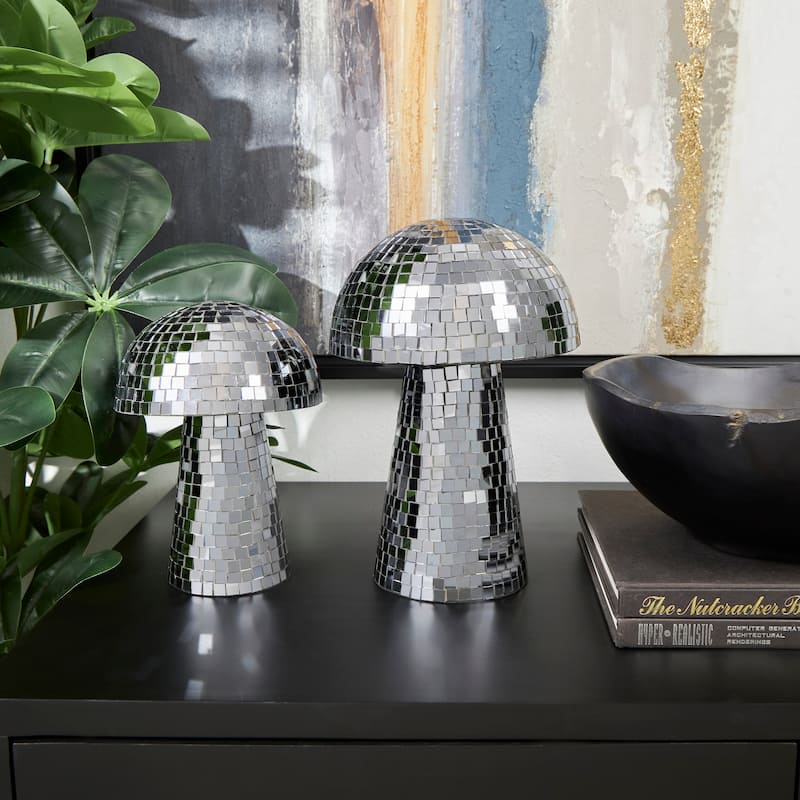 Silver or Gold Glass Handmade Mosaic Mirrored Mushroom Sculpture (Set of 2) - Silver - Glam