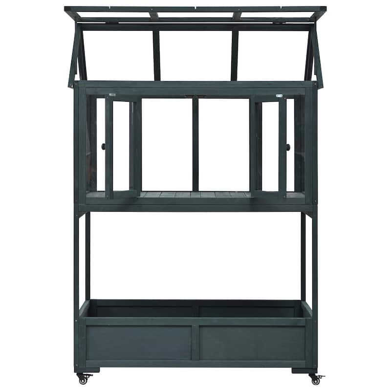 Roomfitters Portable Wooden Cold Frame Greenhouse with Wheels, Openable Roof and Storage Box for Garden Plants