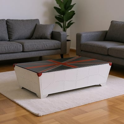 HomeRoots 64" Silver Navy Blue And Red Union Jack Aviator Coffee Table - 64.00 in. x 17.72 in. x 38.19 in.