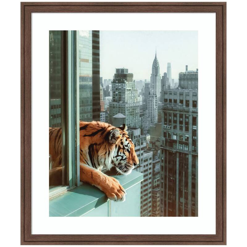 Kate and Laurel Framed Art Urban Tiger Overlooking Manhattan by Michael Schauer - 22x26 - Brown