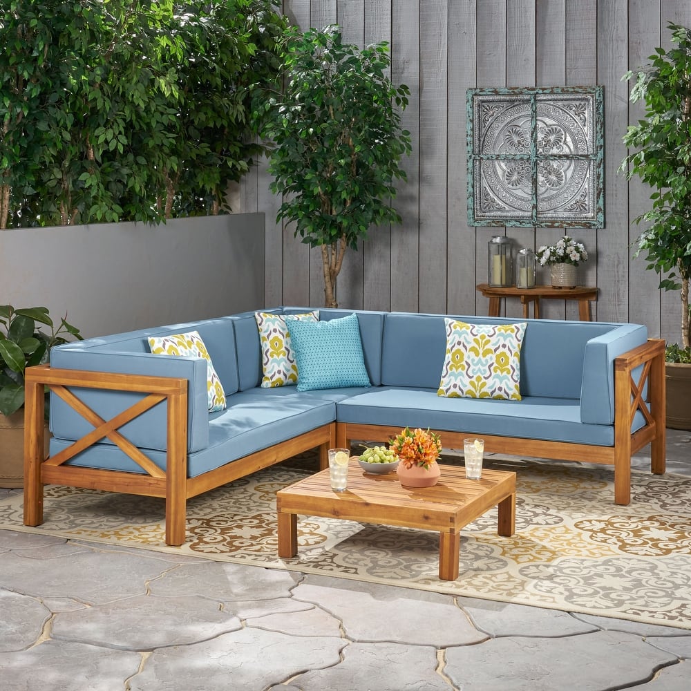 Brava Outdoor 4 Piece V-Shaped Acacia Wood Sectional Sofa and Coffee Table Set by Christopher Knight Home