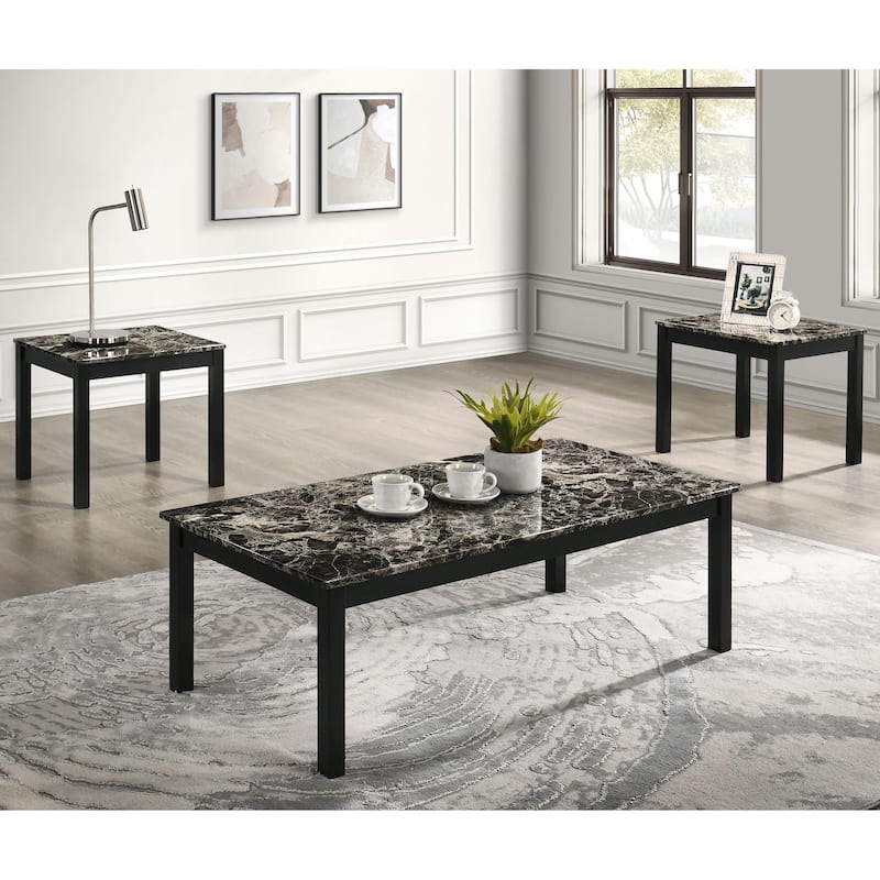 Furniture of America Sonnet Modern 3-Piece Wood Coffee Table Set with 2 End Tables - Black and White Faux Marble - Marble