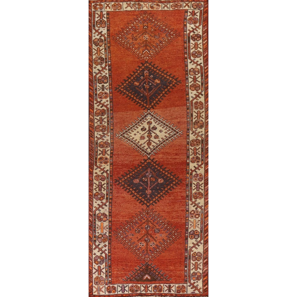 Geometric Qashqai Persian Vintage Runner Rug Handmade Wool Carpet - 4'5"x 13'3"