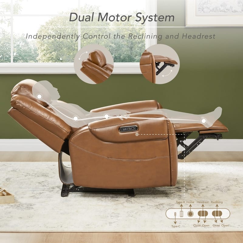 Spruce & Spring Leo Dual Motor Genuine Leather Power Recliner With Power Headrest