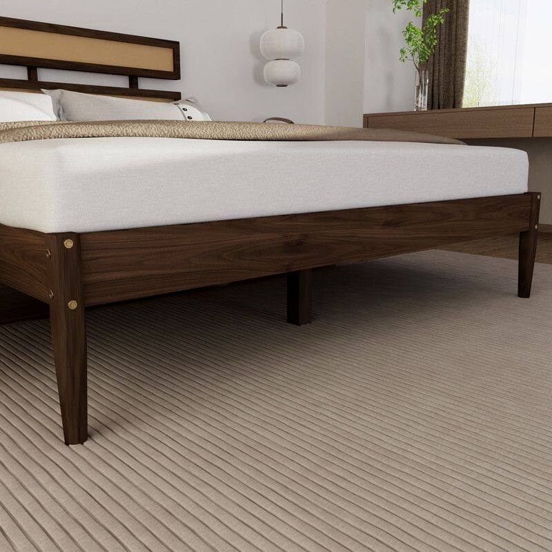 Solid Wood Full Bed Frame Platform Bedframe with Rattan Headboard
