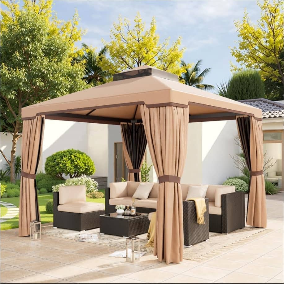 10 x 10 FT Outdoor Patio Gazebo Vented Soft Canopy with Double Tier Roof, Netting and Curtains
