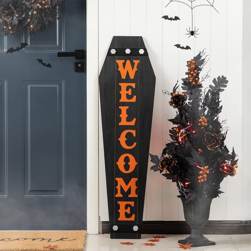 Glitzhome 38"H & 42"H Halloween Wood Mummy and Welcome Coffin Porch Decor, Two Function (S/2 or One Piece)