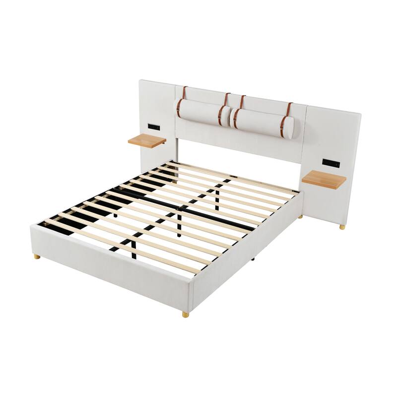Queen Size Upholstered Platform Bed Frame with USB Charging Ports, Power Outlets and Built-in Pillows, Storage Shelves Included
