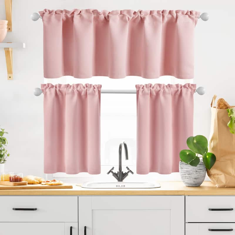 Rod Pocket Kitchen Curtain Valance and Tiers Set - 52x18+26x30 - Pink