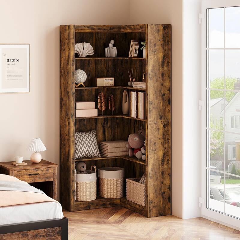 71.8" Tall Corner Bookshelf, 5-Tier L-Shaped Corner Bookcase, Modern Industrial Wood Display Storage Shelves for Living Room
