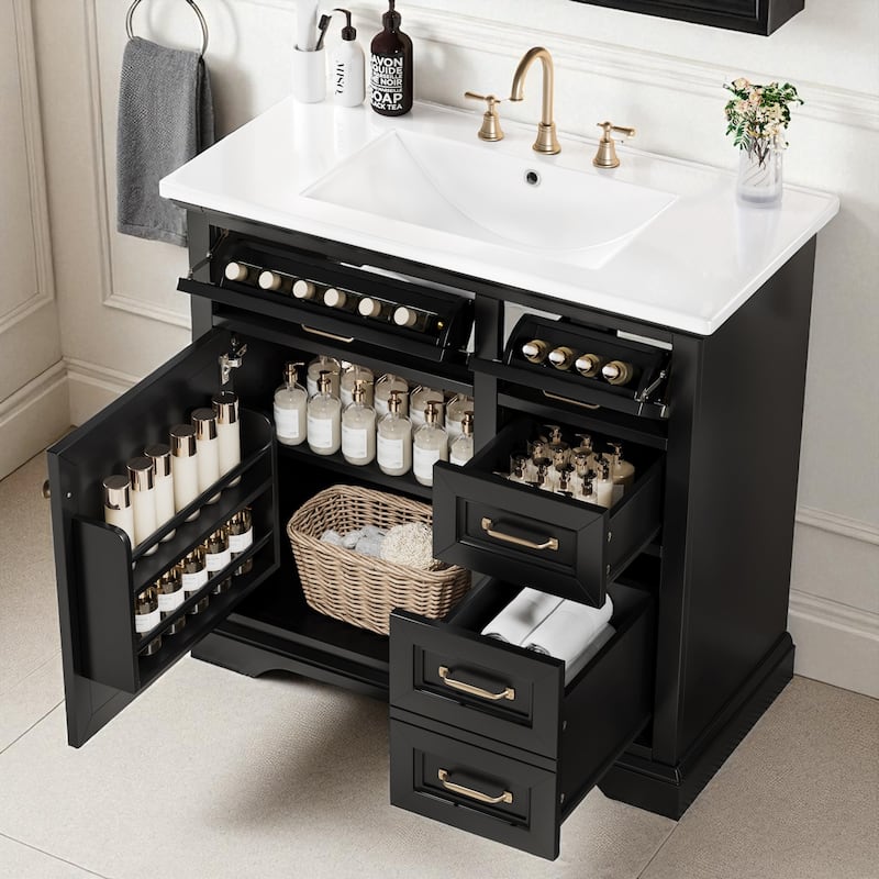 36 Inch Bathroom Vanity with Ceramic Sink, Freestanding Cabinet with 2 Tip-Out Drawers, Soft-Close Hinges & Storage Shelves