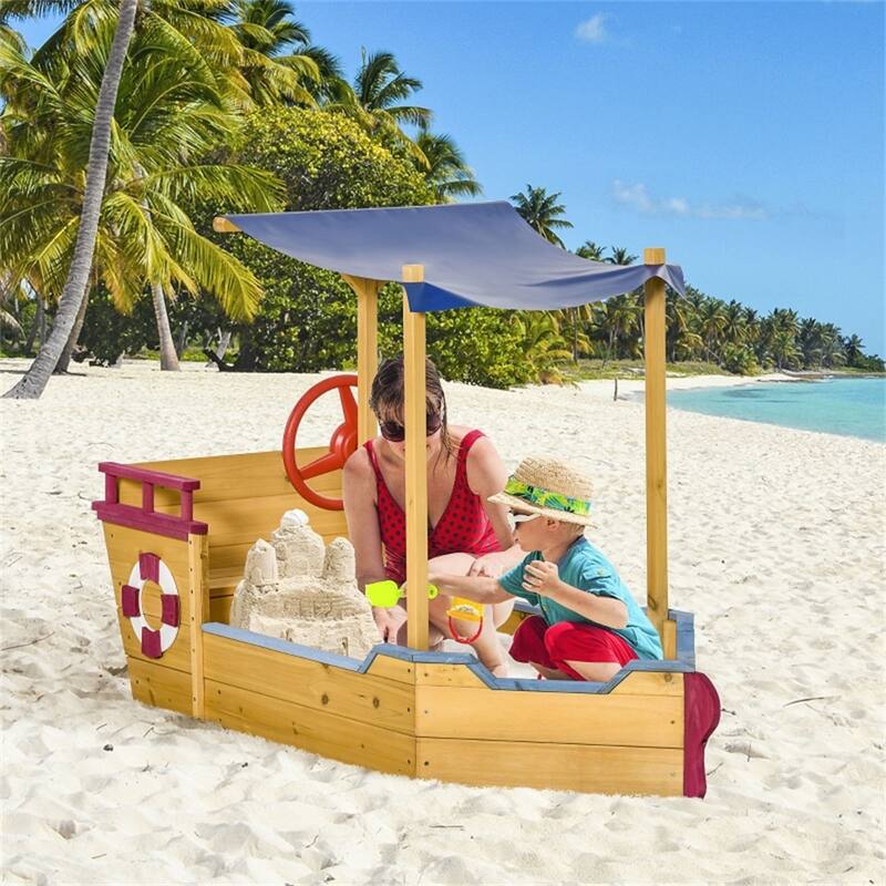 Wooden Boat Sandbox with Canopy Storage and Rudder Design for Kids Ages 3 to 8 Years - 63"L x 27.5"W x 40.5"H