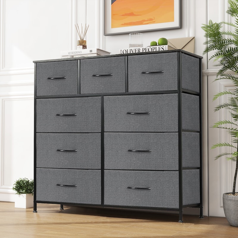 9-Drawer 11.8 in. Wide Chest of Drawers Fabric Storage Tower with Steel Frame, Wooden Top