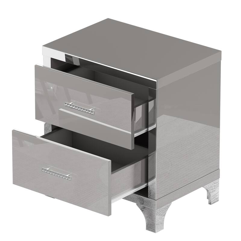 High Gloss Mirrored Nightstand with 2 Drawers,Modern End Table with Drawers,Mirrored High Gloss Wood Nightstand Metal Handle
