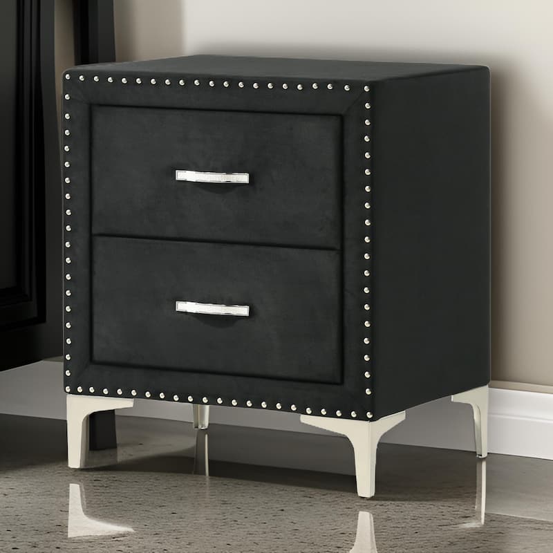 Moha 28 Inch Nightstand, Wood, 2 Drawers, Metal Handles, Black Velvet