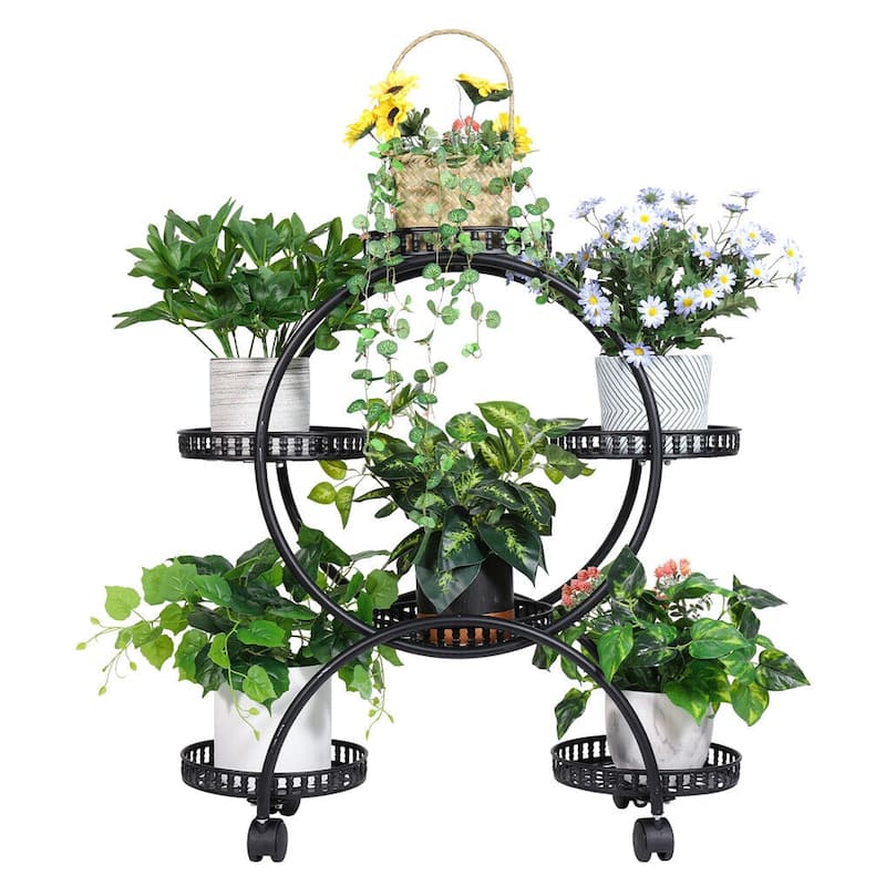 Metal 4 Tier Plant Stand 6-Potted Flower Shelf Rack Pot Holder with Wheels
