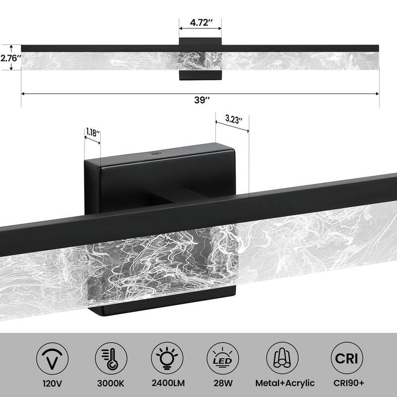 LED Bathroom Vanity Light 24/32/39 inch Dimmable Metal Wall Sconce - Black/Warm White Light