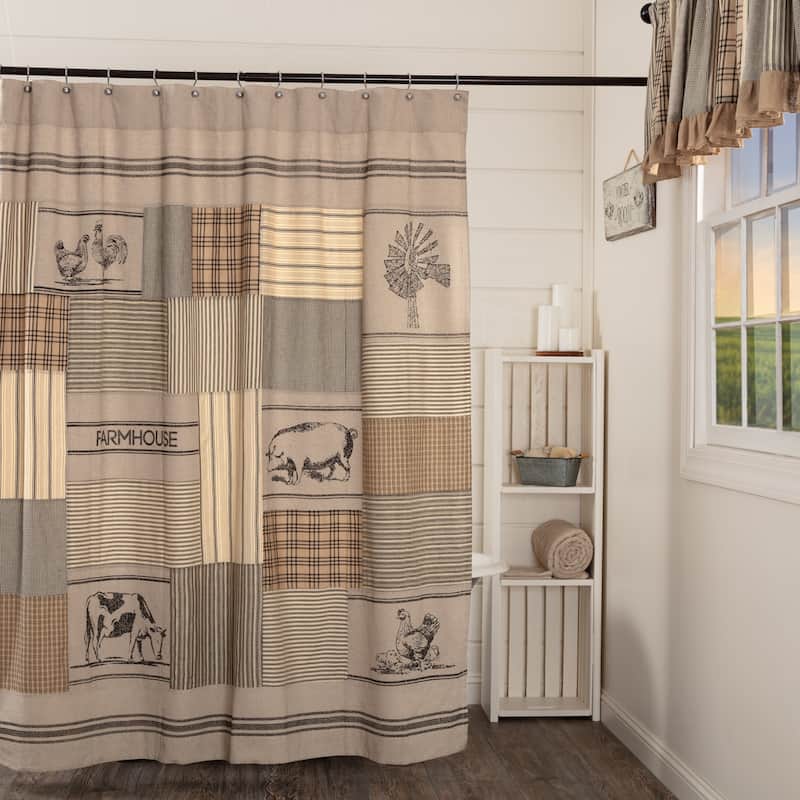 Sawyer Mill Charcoal Stenciled Patchwork Shower Curtain 72x72