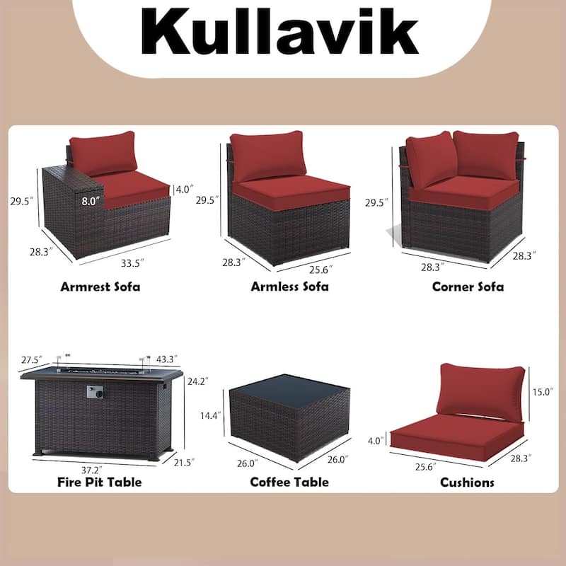 Delnavik 13 Pieces Outdoor Patio Furniture Set with Fire Pit Table w/ Wide Armrests