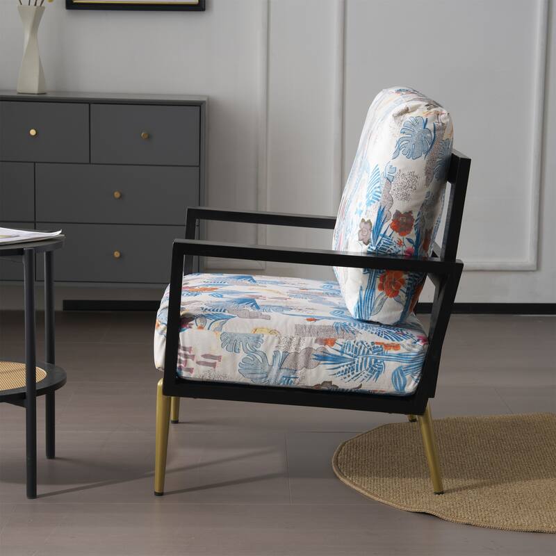 Retro Floral Print Velvet Armchair with Gold Legs and Rubberwood Frame, Ideal for Indoor and Outdoor Use