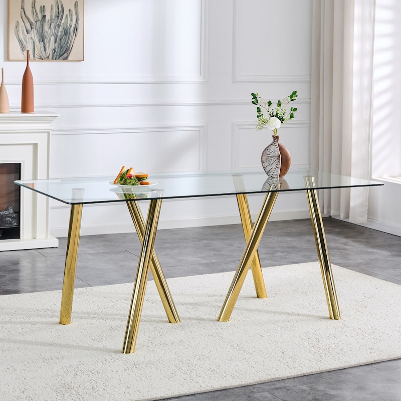 71-Inch Tempered Glass Dining Table with Sturdy Metal Legs - Gold