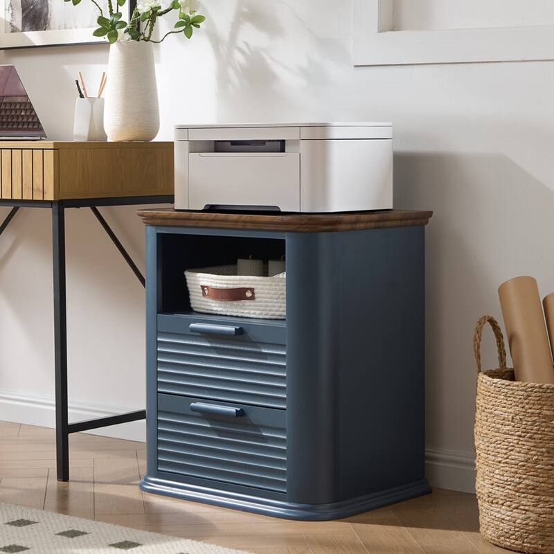 22" Fluted Night Stand with Charging Station, End Table with 2 Drawers & Open Storage, Side Tables Curved Profile Design