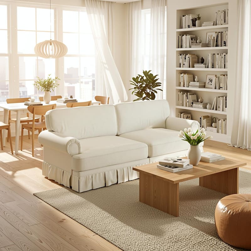 Homy Casa 3/4-Seater Chenille Cloud Sofa with Rolled Arms & Pleated Skirt, Extra Deep Seat, Multiple Colors - 3 - Beige