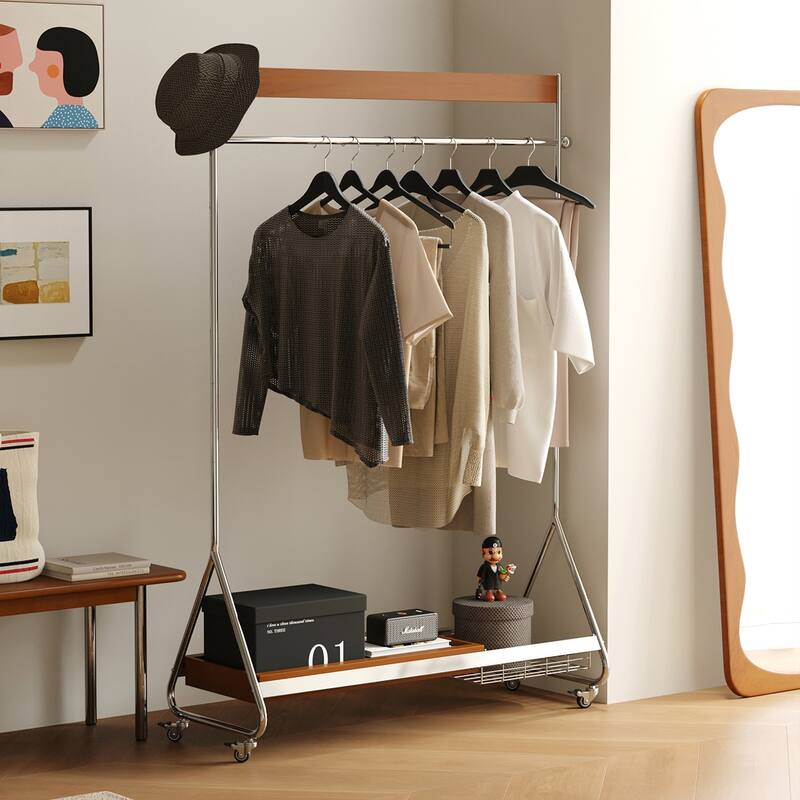 Antique American Style Clothes and Hat Rack with Storage Shelf, Portable Stainless Steel Floor Stand