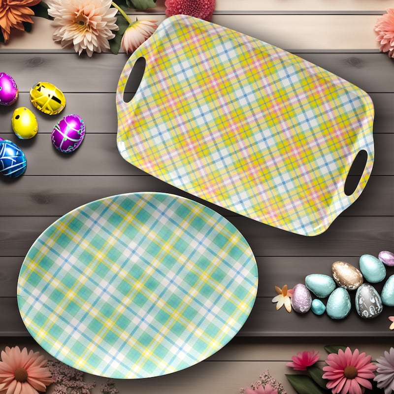 Certified International Easter Morning Plaid 2 Pc Melamine Tray Set - 19" Dia. x 12"