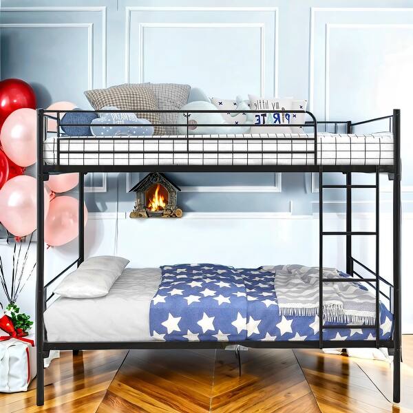 slide 2 of 19, Twin Over Twin High Quality Matal Frame Bunk Bed, Space-Saving Loft Bed With Safety Guard Rails, Easy Assemble Black