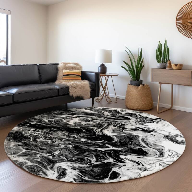 Premium Washable Super Soft Abstract Contemporary Mayfield Rug - Black - 8' x 8' - Round