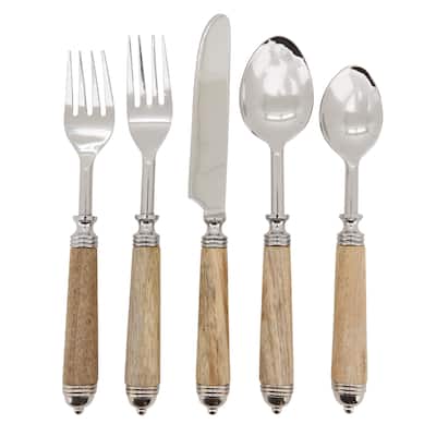 Natural Bark Wood Style Handle Place Setting Flatware - Set of 5