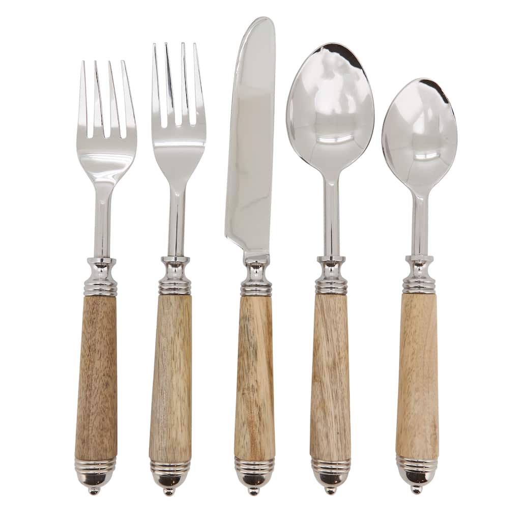 Natural Bark Wood Style Handle Place Setting Flatware - Set of 5