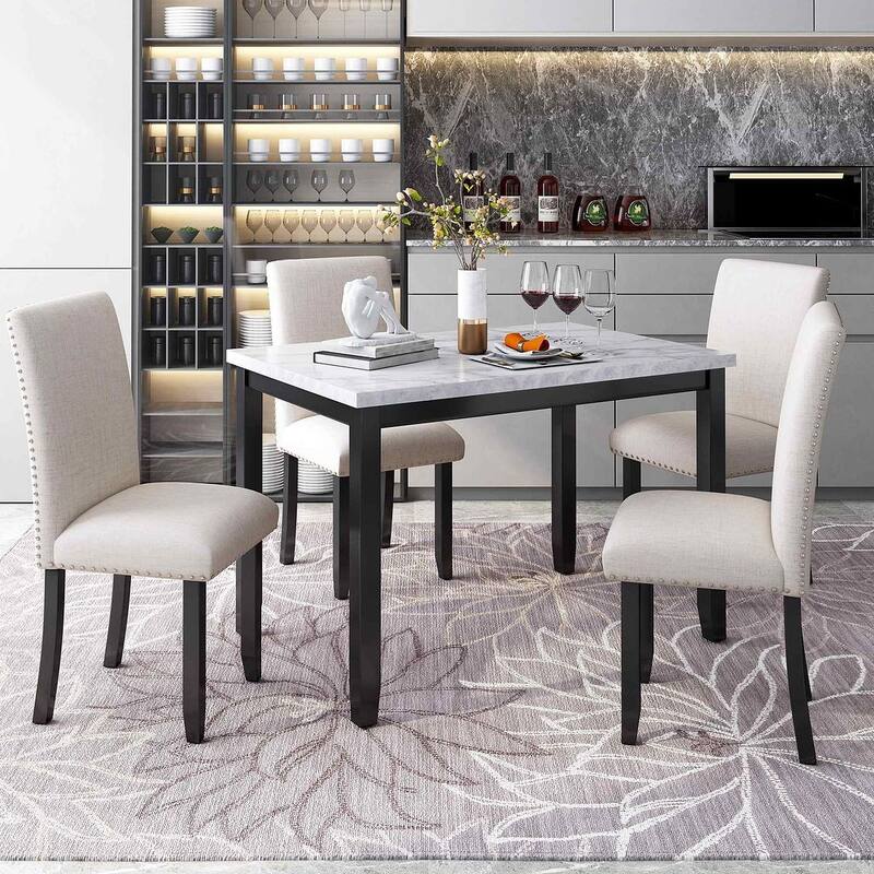 5 PCS Faux Marble Dining Set for 4 - Padded Chairs, Perfect for Modern Homes