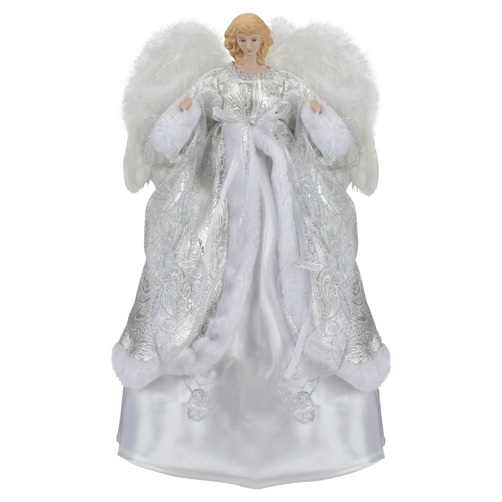 18" Blonde Angel in White and Sliver Dress with Faux Fur Trim Christmas Tree Topper - 18