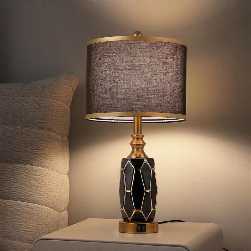 Modern Ceramic Table Lamp with USB Port, Fabric Drum Shade