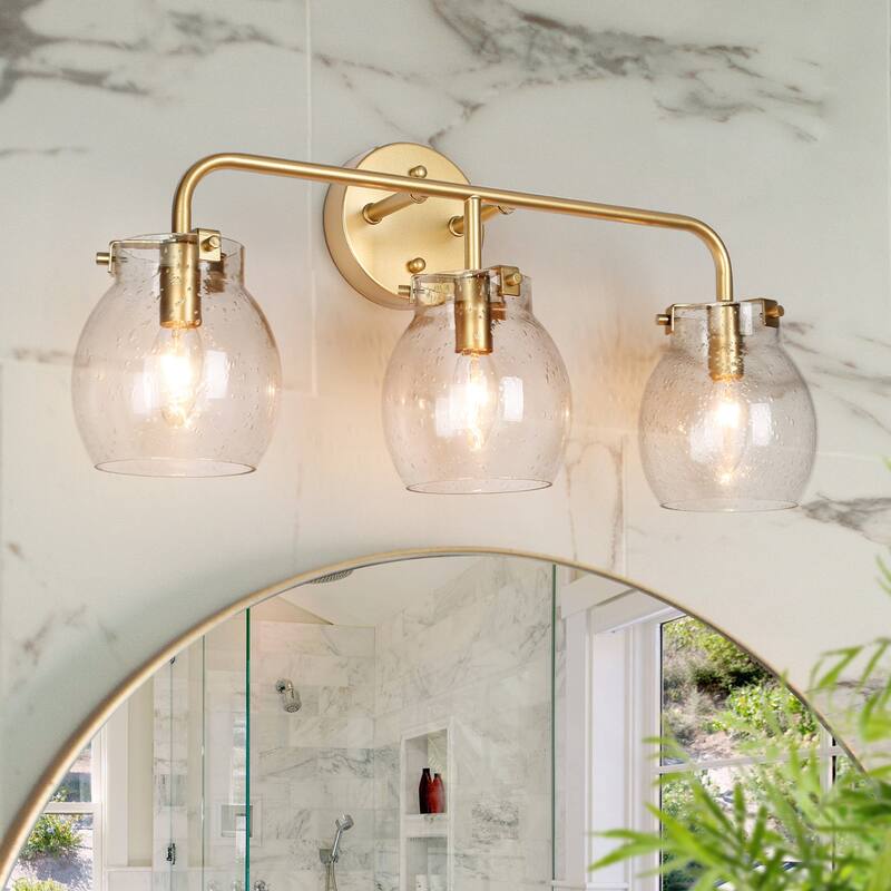 2/3/4-Light Modern Gold Bathroom Vanity Light Dimmable Seeded Glass Wall Sconces - 3-Light