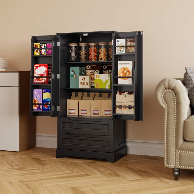 Kitchen Storage Pantry Cabinet, Freestanding Bathroom Storage Cabinet with 2 Doors and Drawers