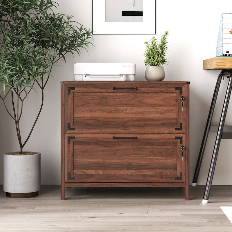 Anmytek Double Drawer File Cabinet Locking Storage Walnut Finish Office Home Cabinet