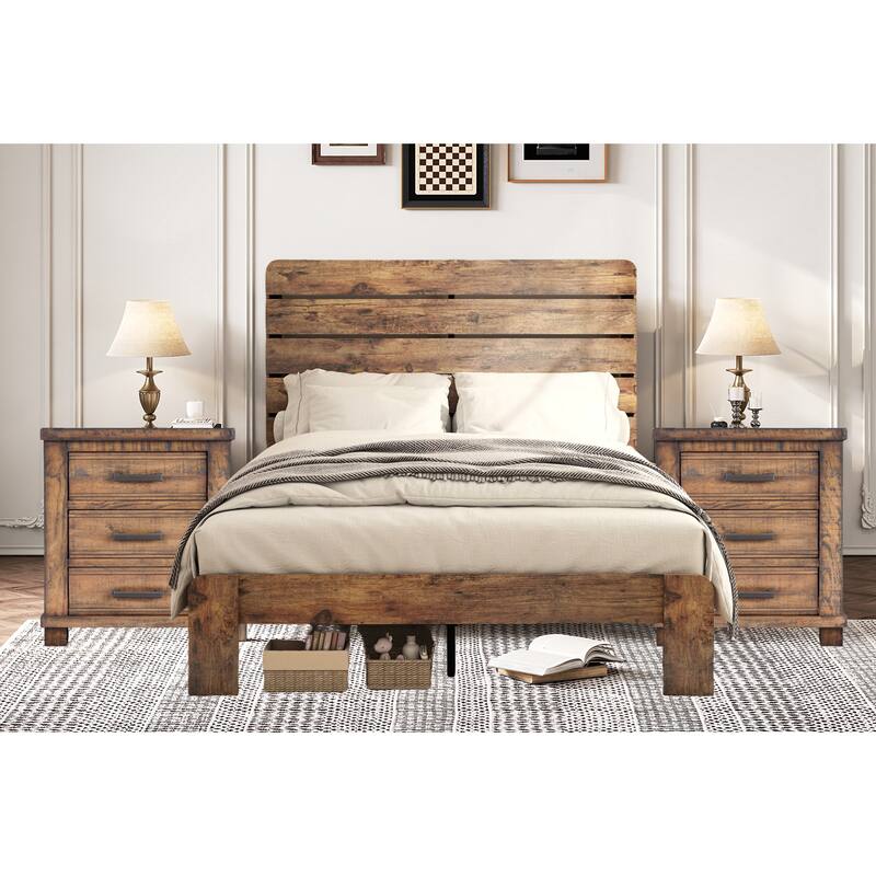 3-Pieces Bedroom Sets Wood Platform Bed Frame and Headboard,Solid Wood Nightstands Set of 2 with Three Drawer - King