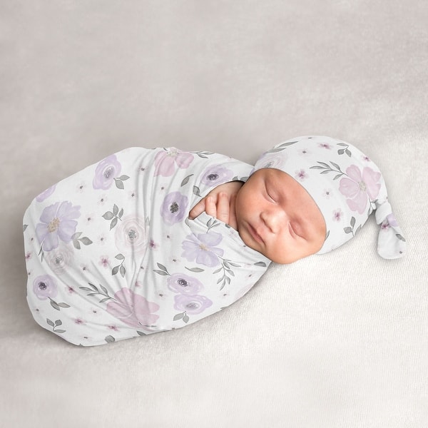 slide 2 of 6, Watercolor Floral Collection Girl Baby Cocoon and Beanie Hat Sleep Sack - 2pc Set - Purple Pink Grey Boho Shabby Chic Flower