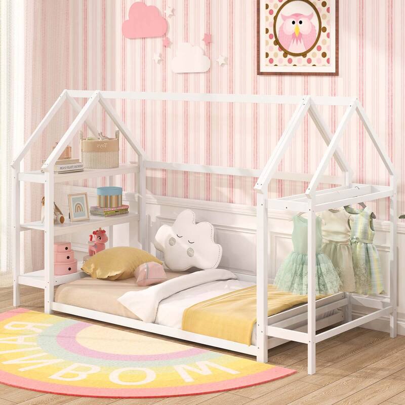 Costway Twin Size House Bed Montessori Floor Bed with Detachable