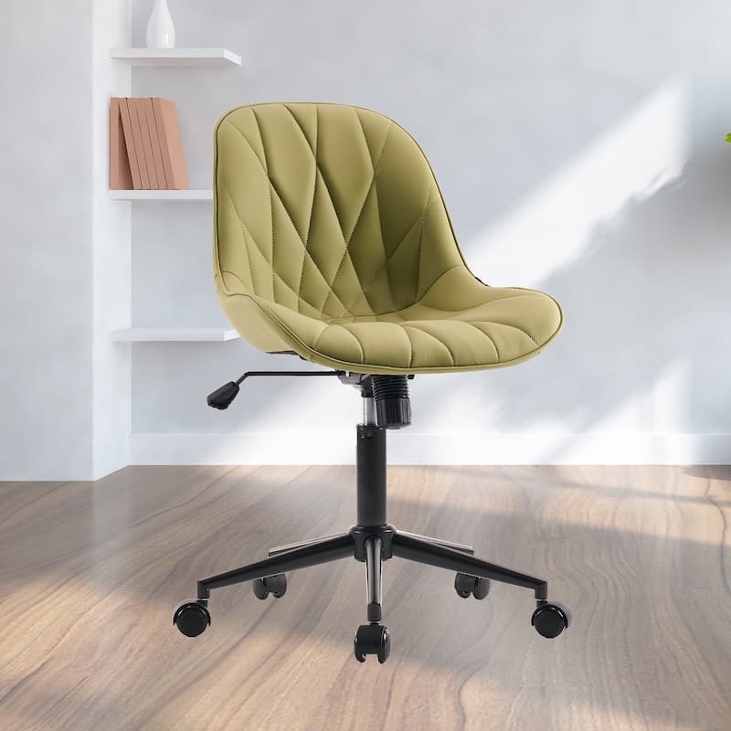 Armless Swivel Office Chair, Faux Leather Task Chairs with Wheels - Avocado Green