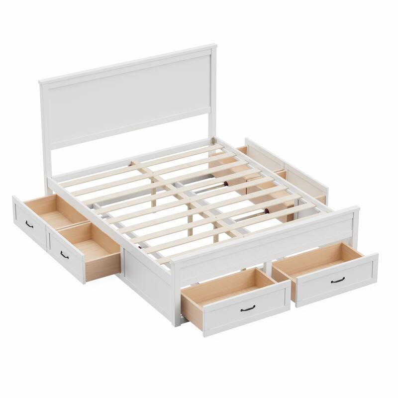 Modern Storage Bed Wood Bed Frame Queen Size Platform Bed with 6 Pull-out Storage Drawers and Panel Headboard Wood Slats Support