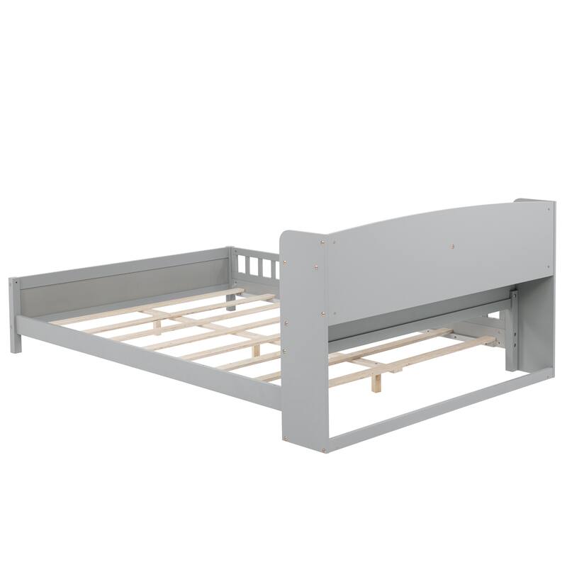 Full Size Pine Bed w/ Bookcase Headboard ,LED Sensor Light, Guardrails