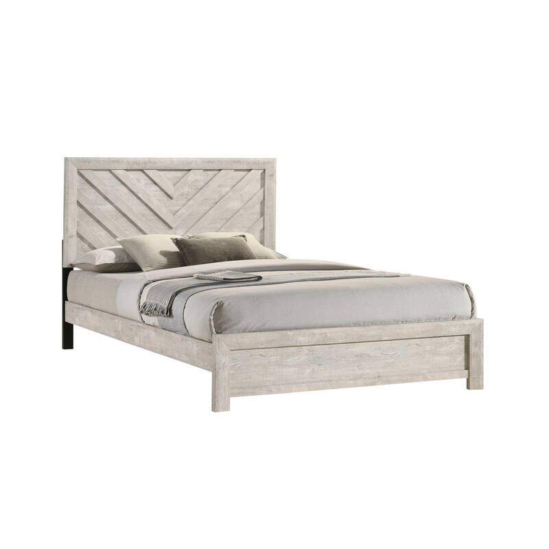 Velz Twin Size Bed w Chevron Patterned Headboard, Beige Wood Finish