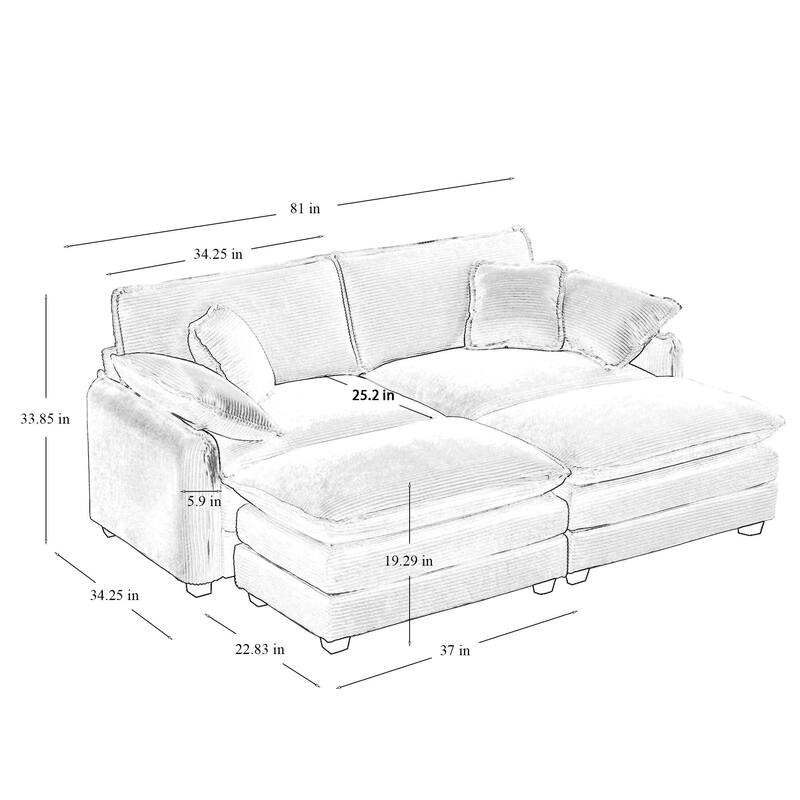 4-Piece Corduroy Modular Sleeper Sectional Sofa with 2 Ottomans & 4 Pillows