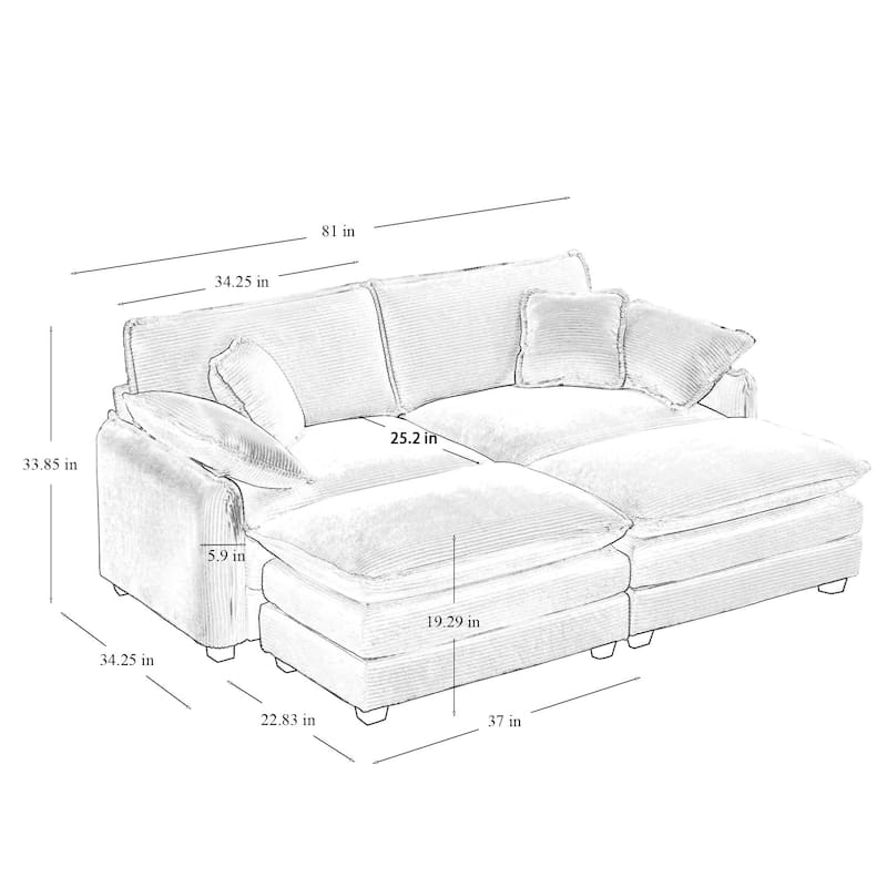 81" 2-Seater Sectional Sofa with 2 Ottoman Corduroy Upholstered Couch for Living Room, Apartment, Leisure Loveseat with Pillows